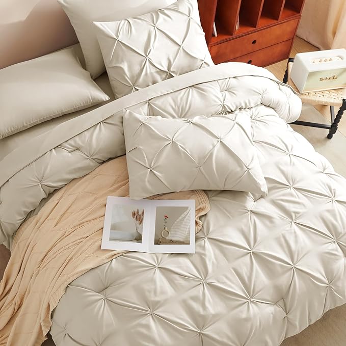 CozyLux King Size Comforter Set Beige, 7 Pieces Bed in A Bag Beige Comforter King Size, Pinch Pleat Bedding Set with All Season Comforter, Sheets, Pillowcases & Shams