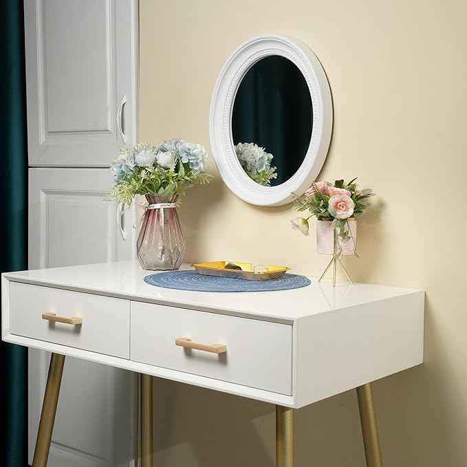 Funerom Oval Bathroom Mirror Bedroom Mirror wall Mirror (White, 15.2" L x 13.2" W)