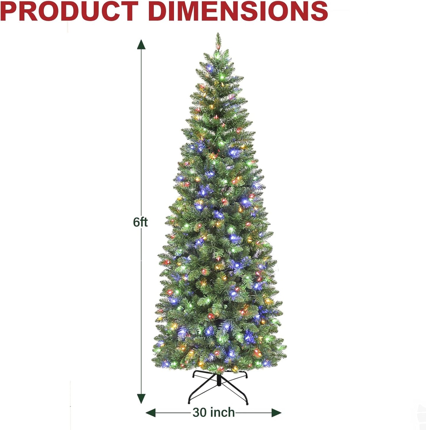 Hykolity 6ft Prelit Pencil Slim Christmas Tree with 200 Color Changing LED Lights, 544 Branch Tips, Metal Stand and Hinged Branches, 10 Color Modes