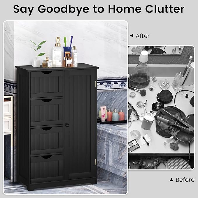COSTWAY Bathroom Storage Cabinet, Wooden Storage Organizer with 4 Deep Drawers & Adjustable Shelf, Modern Floor Cabinet for Living Room, Bathroom, Kitchen, Entryway (Black)