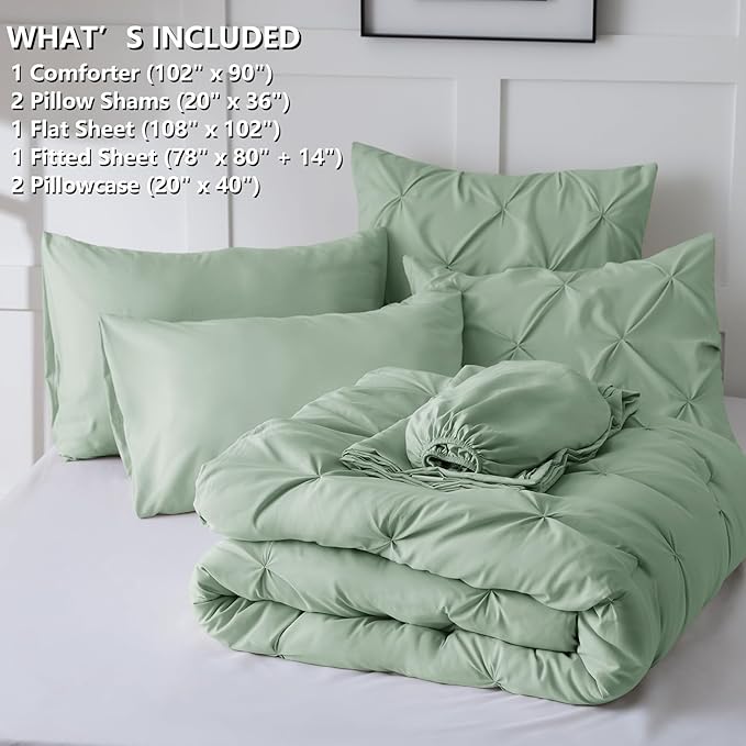 CozyLux King Size Comforter Set Sage Green, 7 Pieces Pintuck Bed in A Bag Green Comforter King Size, Pinch Pleat Bedding Set with All Season Comforter, Sheets, Pillowcases & Shams