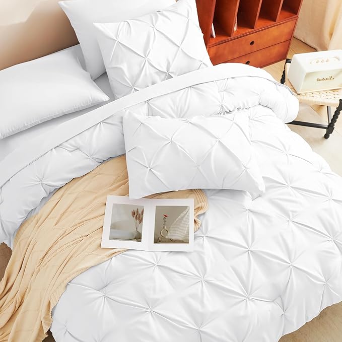 CozyLux Twin XL Comforter Set White, 5 Pieces Twin Extra Long Pintuck Bed in A Bag for College Dorm, Pinch Pleat Bedding Set with Comforter, Sheets, Pillowcase & Sham