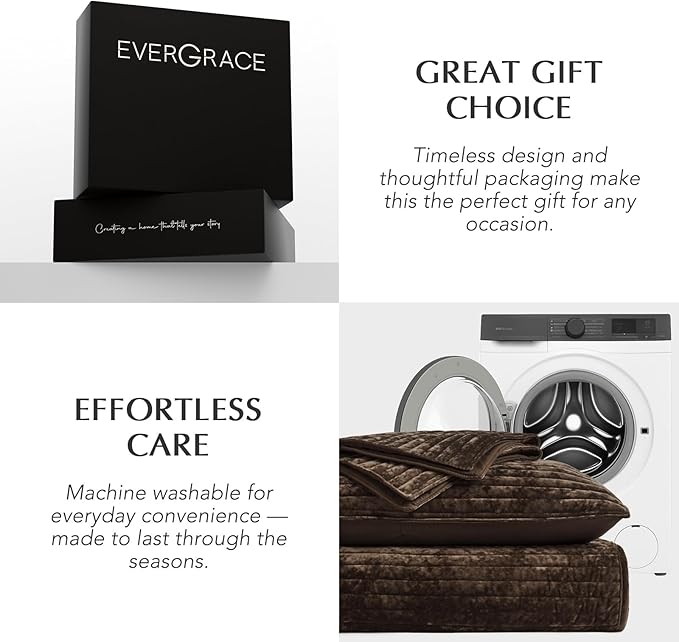 EVERGRACE Velvet Quilt Set King Size, Luxurious Soft Striped Channel Bedding Set, Lightweight Velvet Comforter for All Season, Oversized Bedspread Coverlet with 2 Matching Shams, Walnut Brown