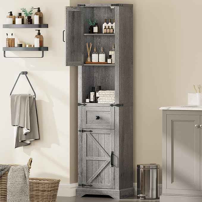 Vabches 66" Tall Farmhouse Bathroom Storage Cabinet with Barn Doors and Drawer, Narrow Storage Unit, Adjustable Shelves & 5-Tier Space, Freestanding Cabinet for Bathroom, Entryway, Kitchen, Grey