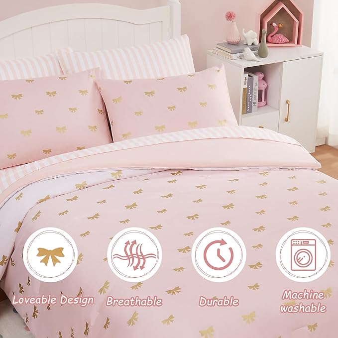 Queen Comforter Set with Sheets for Girls-7 Pieces Queen Bedding Sets with Pink Comforter, Sheets, Pillowcases & Shams for Kids (Pink Gold Bow, 90" X 90")