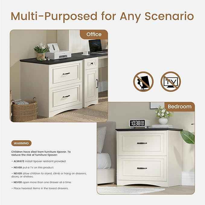 FEZIBO Farmhouse File Cabinet, 30" Lateral Filing Cabinet with 2 Drawers and Hanging Rods, Storage Wood Cabinet for Home Office, Living Room, Bedroom, Pure White