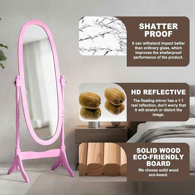 Full Length Mirror with Stand, Vintage Style Wood Floor Cheval Mirror, Traditional Adjustable Free Standing Mirrors Full Length (Pink)