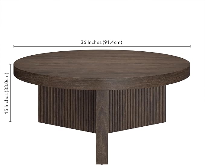 Henn&Hart 36" Fluted Round Low-Profile Coffee Table with Ribbed Pedestal Base Living Room, Family Room, or Office, Warm Brown