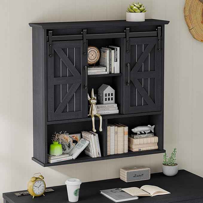 Vabches Bathroom Wall Cabinet, Farmhouse Medicine Cabinet with Double Sliding Barn Door and Adjustable Shelves, Wooden Vintage Storage Cabinet Wall Mounted for Bathroom, Kitchen Dining, Black