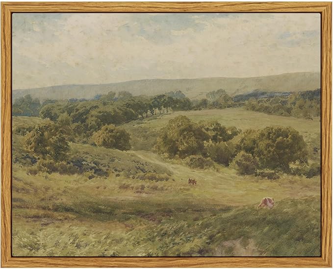 InSimSea Framed Canvas Wall Art, Vintage Landscape Art for Living Room Hallway Shelf, 10x8in,Hills Pasture Watercolor Painting, Rustic Farmhouse Cozy Cottage Mid Century Small Nature Decor