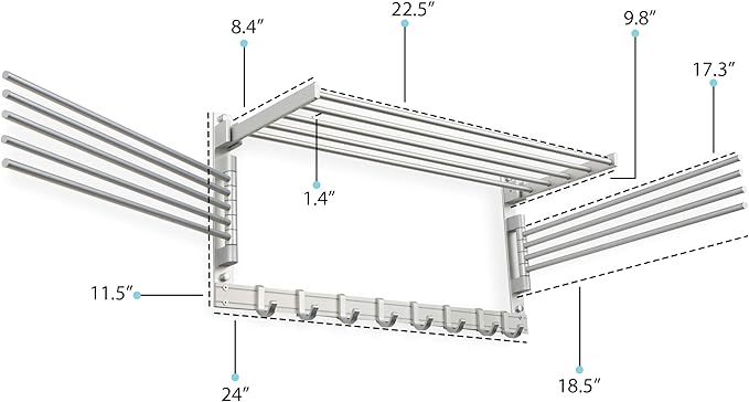 brightmaison BGT Wash Clothes Drying Rack Wall Mount Laundry Room Organizer with Hooks & Swing Arms, 24" Metal Laundry Rack Silver