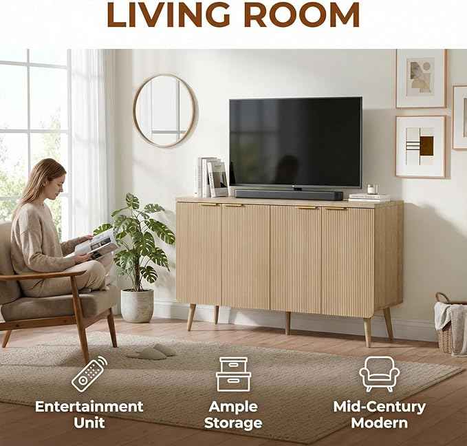 47.2" Modern Fluted Sideboard Cabinet with 4 Doors, Wood Storage Credenza with Shelves, Multi-Purpose Buffet Cabinet for Entryway, Dining & Living Room, Natural Wood