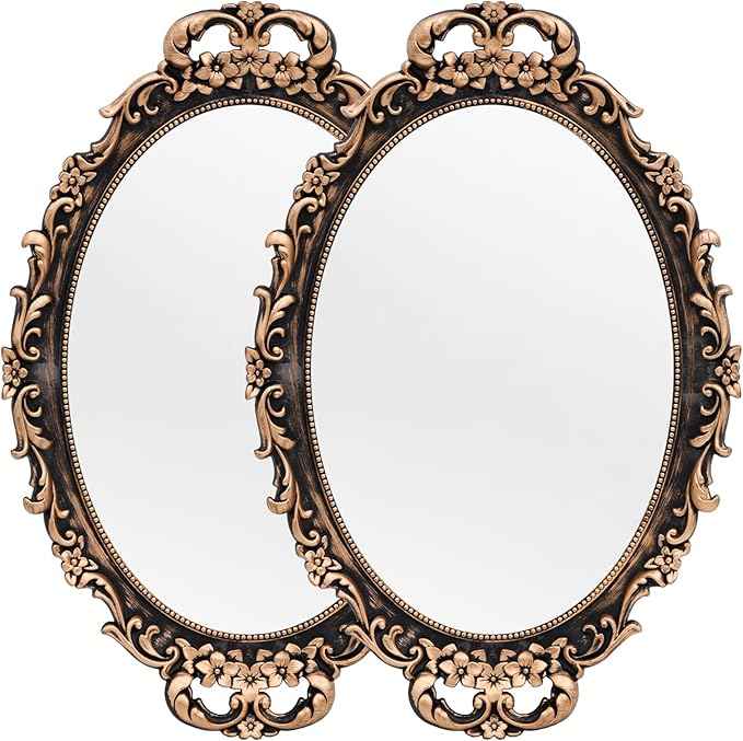 Vintage Decorative Gold Framed Mirror, Wall Hanging Mirrors & Tabletop Tray for Bedroom Living Room Dresser Decor, Oval- 9.6" W x 14.3" L (BRONZE-2PACK)