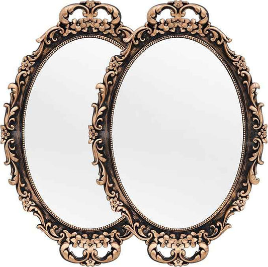 Vintage Decorative Gold Framed Mirror, Wall Hanging Mirrors & Tabletop Tray for Bedroom Living Room Dresser Decor, Oval- 9.6" W x 14.3" L (BRONZE-2PACK)