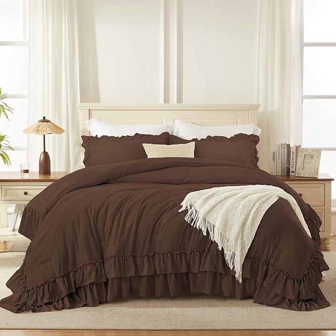 Andency Brown Queen Comforter Set (90x90Inch), 3 Pieces Lightweight Fluffy Ruffle Bedding Comforter Sets for Queen Bed, Farmhouse Shabby Chic Soft All Season Bed Set