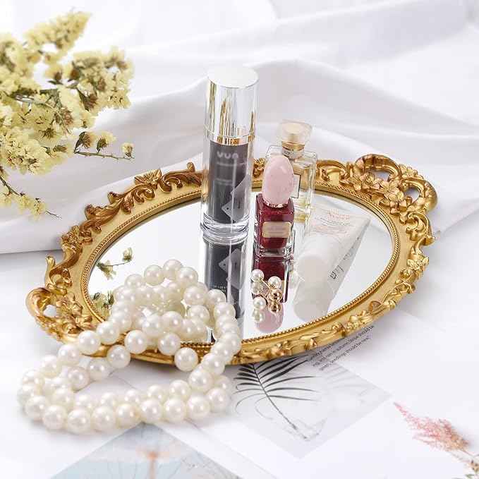 2 Pack - Vintage Decorative Gold Framed Mirror, Wall Hanging Mirrors & Tabletop Tray for Bedroom Living Room Dresser Decor, Oval- 9.6" W x 14.3" L (GOLD-2PACK)