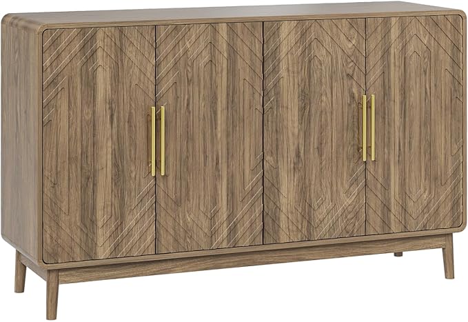 Ball & Cast 55" Modern Sideboard Cabinet with Storage, Carved 4-Door Buffet w/Adjustable Shelves & Solid Wood Legs, Credenza & Accent Cabinet for Living Room, Entryway, Kitchen,Dining Room,Walnut
