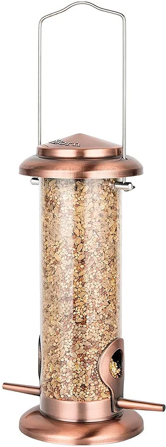 iBorn Metal Bird Feeder Hanging Wild Bird Feeders for Mix Seed Blends Heavy Duty All Metal Finishing, Copper Finish, 8 Inch 2 Port (Seed is not Included)
