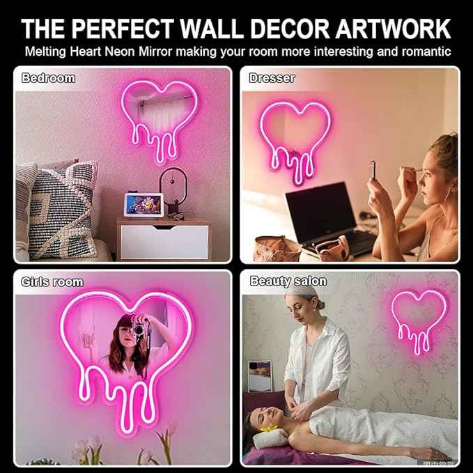 Melting Heart Neon Acrylic Mirror Sign with LED Light - Pink Neon Signs for Wall Decor Shatterproof, Rustproof, Lightweight, Adjustable Brightness Superior Aesthetic Appeal Neon Light Mirror