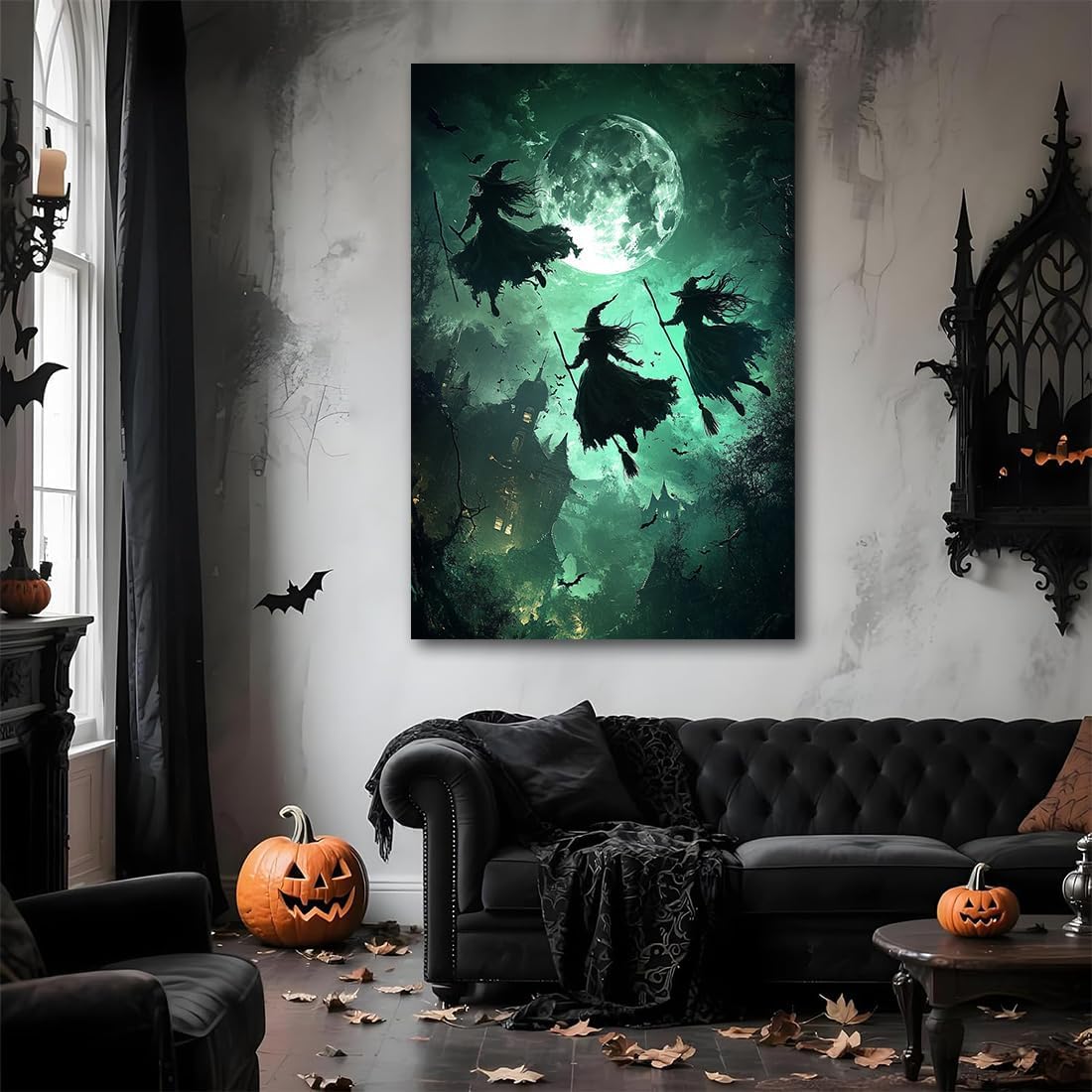 Flying Three Witches Halloween Canvas Wall Painting,Witches on Broom Under Full Moon Castle Victorian Decoration Haunted House Retro Poster for Living Room Bedroom Gallery,8"x12" Framed