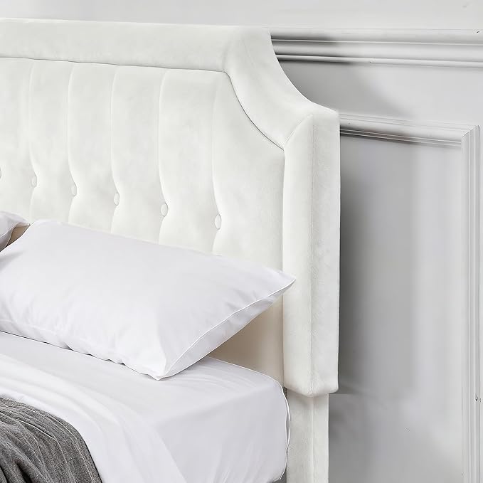 VECELO Queen Size Bed Frame with Velvet Upholstered Headboard, Platform Bedframe Mattress Foundation, Sturdy Wooden Slats Support,No Box Spring Needed Noise Free/Easy Assembly, White
