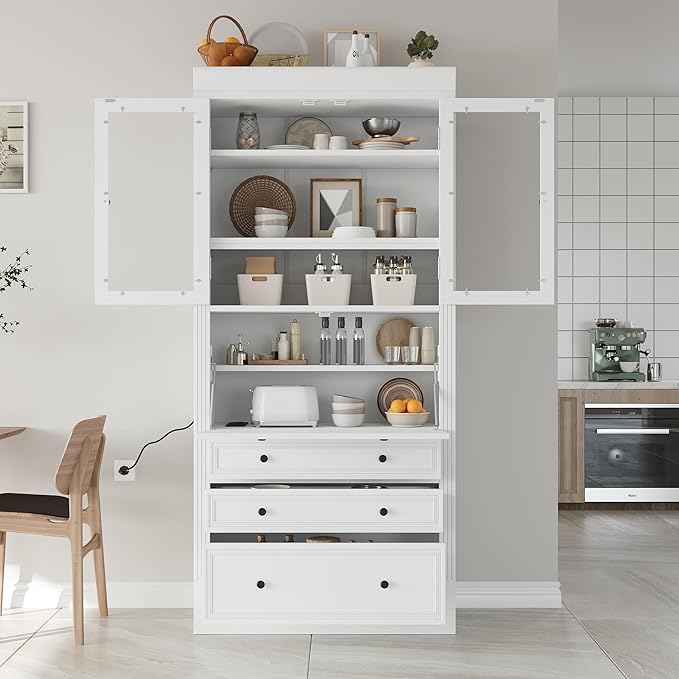 Merax 78 Inch Extra-Tall Freestanding Kitchen Pantry Storage Cabinet, Multifunctional Cupboard with 3 Drawers, Adjustable Shelves & Power Outlet Drop-Down Surface for Dining and Living Room, White