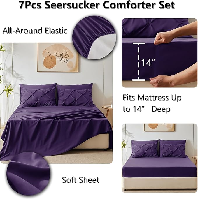 CozyLux King Size Comforter Set Purple, 7 Pieces Pintuck Bed in A Bag Purple Comforter King Size, Pinch Pleat Bedding Set with All Season Comforter, Sheets, Pillowcases & Shams