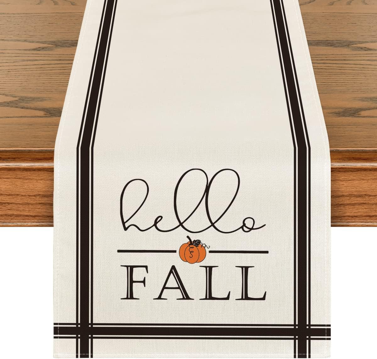 Artoid Mode Hello Fall Stripes Pumpkin Autumn Table Runner, Seasonal Fall Kitchen Dining Table Decoration for Home Party Decor 13x120 Inch