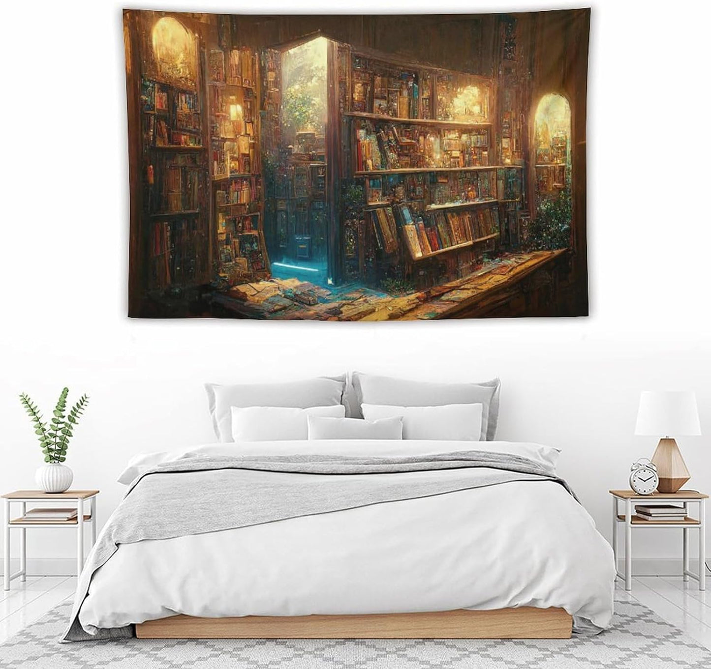 Kurtect Bookshelf Tapestry,Vintage Style Library Watercolor Art Theme Pattern Print Tapestries for Party Beach Picnic Blankets Tablecloths Living Room Wall Deocr, 60x90 in