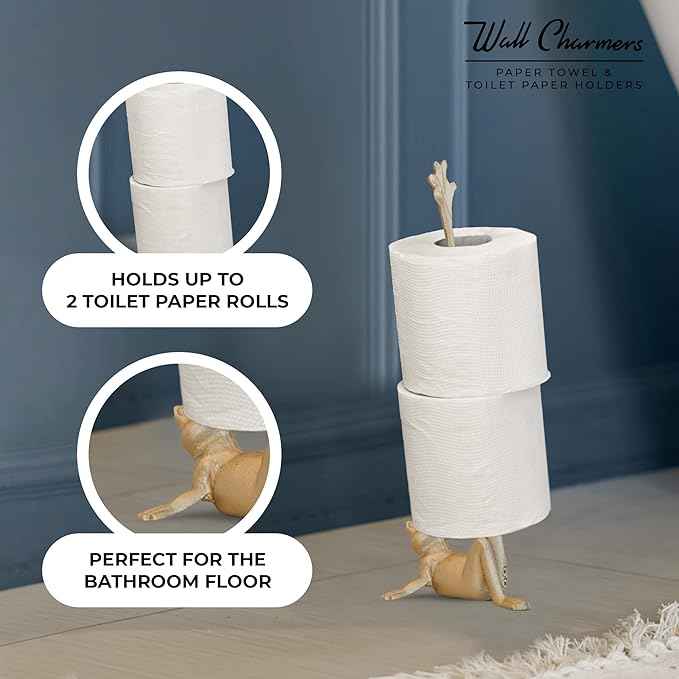 WallCharmers Gold Paper Towel Holder, Metal Toilet or Kitchen Paper Holder for Floor or Countertop, Gold Frog