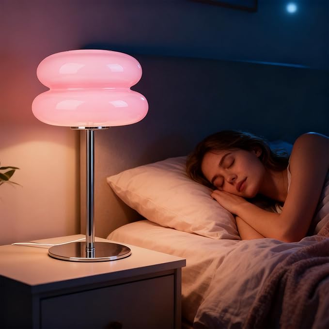 Bedroom Mushroom lamp, Medieval Modern Bedside Table lamp, dimmable Retro Egg Tart Headlight, Unique Home Mushroom Decoration Aesthetic Lovely Living Room Desk lamp (Pink)