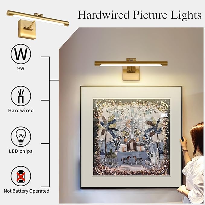 LED Picture Light Fixtures 16.54 Inches, Modern Metal Artwork Wall Lamps with Single Swing Arm, 9W (50W Eqv.), Hardwired Connection, Non-Dimmable, 3000K Warm White, CRI80+, Golden-Like Brass Finish