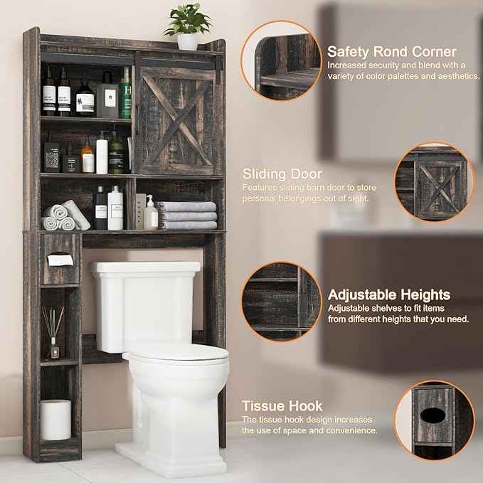 Over The Toilet Storage Cabinet, Farmhouse Storage Cabinet Over Toilet with Sliding Doors & Toilet Paper Holder Stand，Home Space-Saving Toilet Rack, for Bathroom, Laundry(Dark Grey)