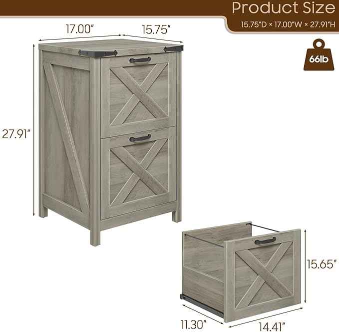 Vabches Vertical File Cabinet with 2 Drawers, Wooden Farmhouse Filing Cabinet for Letter/A4 Size Hanging Files, Under Desk Printer Stand with Storage for Home Office, Grey