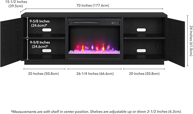 Henn&Hart Fluted TV Stand for TVs up to 75" with 26" Electric Crystal Rocks Fireplace and Ribbed Side Storage Cabinets for Living Room, Family Room, or Office, Natural Black