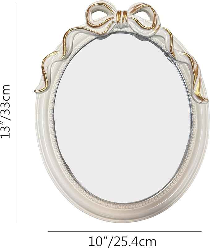 Vintage Vanity Desk Mirror -13x10Inch Wall-Mounted & Tabletop Decorative Ornate Gold Accent Retro Makeup Mirror for Bedroom Dresser Bathroom Living Room Oval
