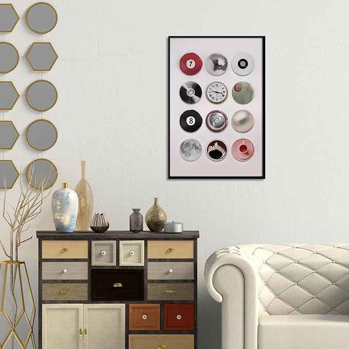 Colorful Vintage Disco Ball Canvas Wall Art, Retro 7 Ball Poster, Trendy Music Record Painting, Funky Aesthetic Moon Coffee Cup Prints For Apartment Dorm Wall Decor, 16x24in Black Framed