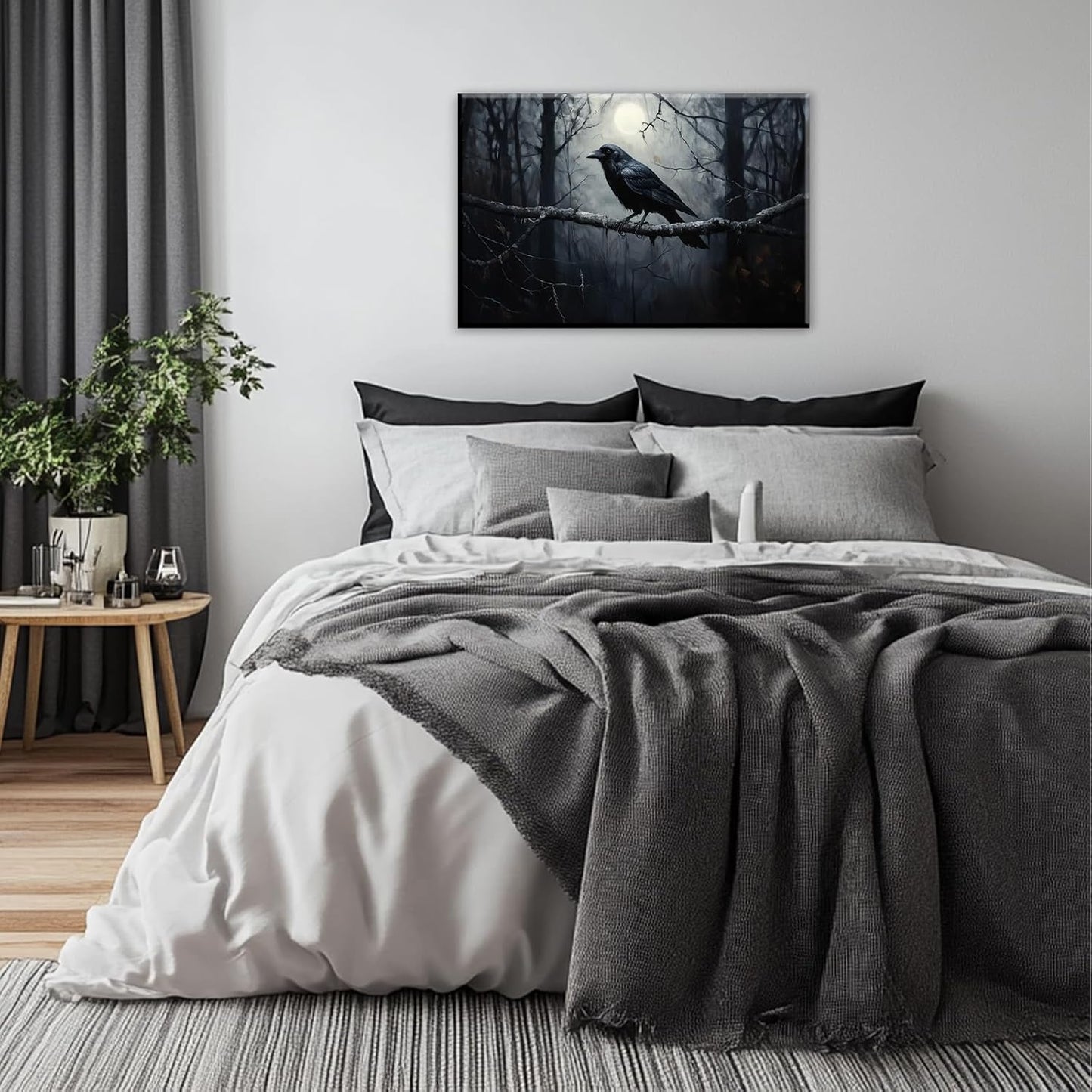 OAAPITI Crow Canvas Wall Art Black Crow Stand On The Branch Picture Print Moonlit Night Poster Vintage Forest Landscape Painting Artwork Living Room Halloween Decor(Artwork-1,16"x24")