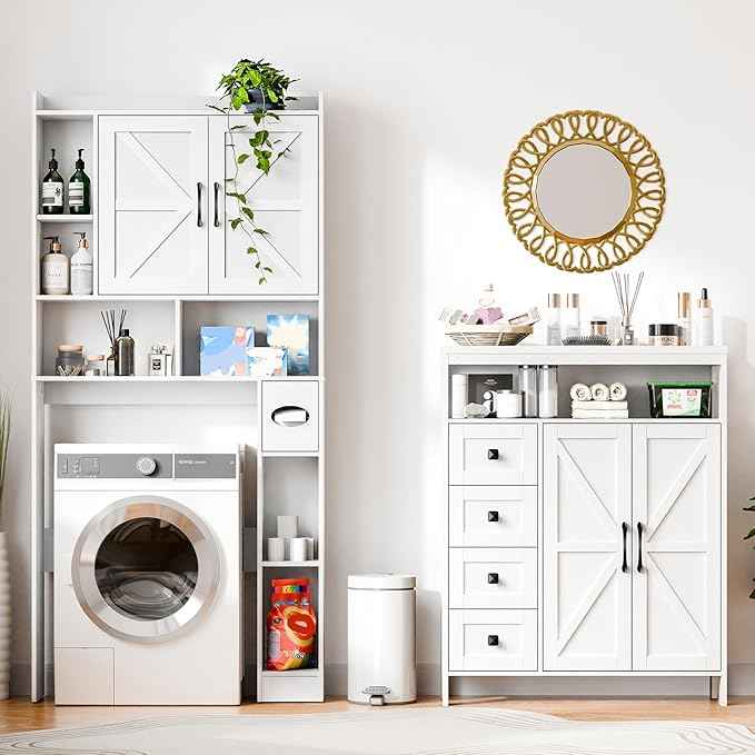 Vabches Farmhouse Storage Cabinet with 2 Doors and 4 Drawers, Freestanding Bathroom Compartment Kitchen Pantry Cabinet, Floor Cupboard for Kitchen/Living Room/Bathroom,White