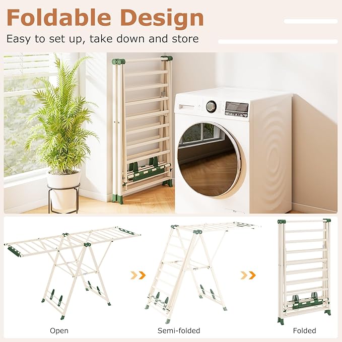 Giantex Clothes Drying Rack, Foldable Metal Laundry Drying Rack with Height Adjustable Wings, 16 Drying Rails, Sock Clips & Shoe Racks, Freestanding Clothing Stand for Indoor & Outdoor, Beige