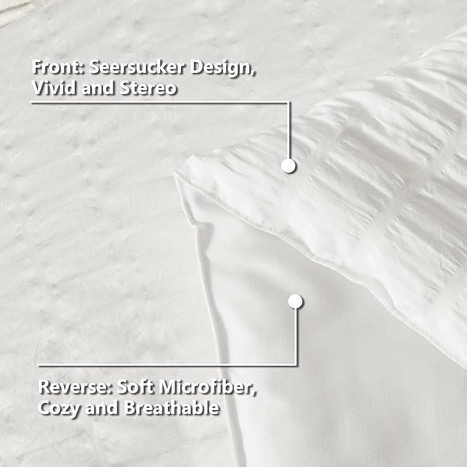 CozyLux Oversized Queen Comforter Set White Seersucker 7 Pieces 98x98 Bed in a Bag Comforter Set with Sheets, Luxury Soft Bedding Sets with Down Alternative Comforter, Sheets, Pillowcases & Shams