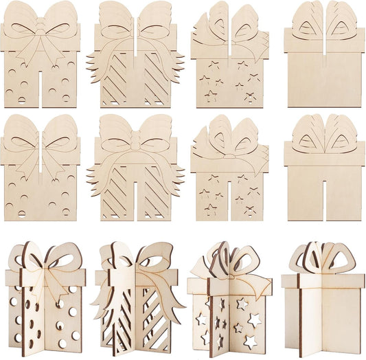 COCHIE DIY 3D Christmas Gift Box Wood Crafts to Paint for Kids Adults, Paintable Unfinished Wooden Slices for Craft, Xmas Gift Boxes Cutouts Ornaments for Painting Decorations (24 PCS)