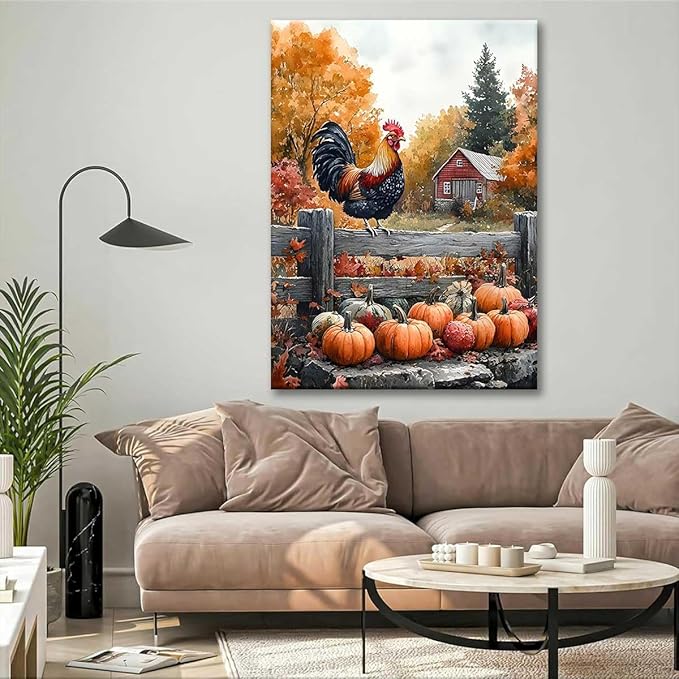 Paint by Numbers Kit for Adults Framed, Autumn Rooster with Pumpkins Farmhouse Scene, DIY Oil Painting, Pre-Printed Canvas Wall Art Home Decor Gift, 20x24inch Framed, 24 Colors