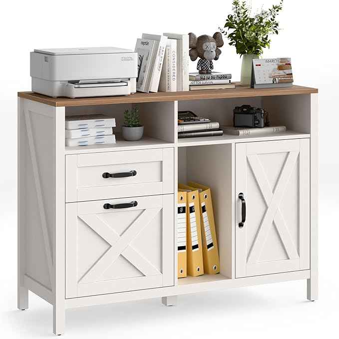Vabches Lateral File Cabinet, Farmhouse 2 Drawer File Cabinet with Open Storage Shelf for Letter/Legal/A4 Size Hanging Files, Large Wood Storage Cabinets Printer Stand for Home Office, White