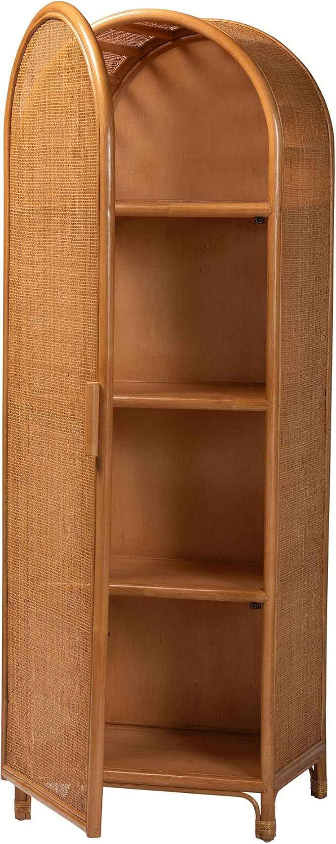 Bali & pari Paloma Arched Rattan Accent Cabinet with Shelves - Handwoven Cane Display Unit with Door, Boho Chic Decorative Furniture Piece for Living Room Entryway or Sunroom, 1-Door
