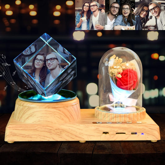 Personalize Your Photo Crystal Gifts Custom Cube Crystal Photo Night Light with Music Bluetooth Rose Speaker for Girlfriend Best Friend Classmate Wife Night Light