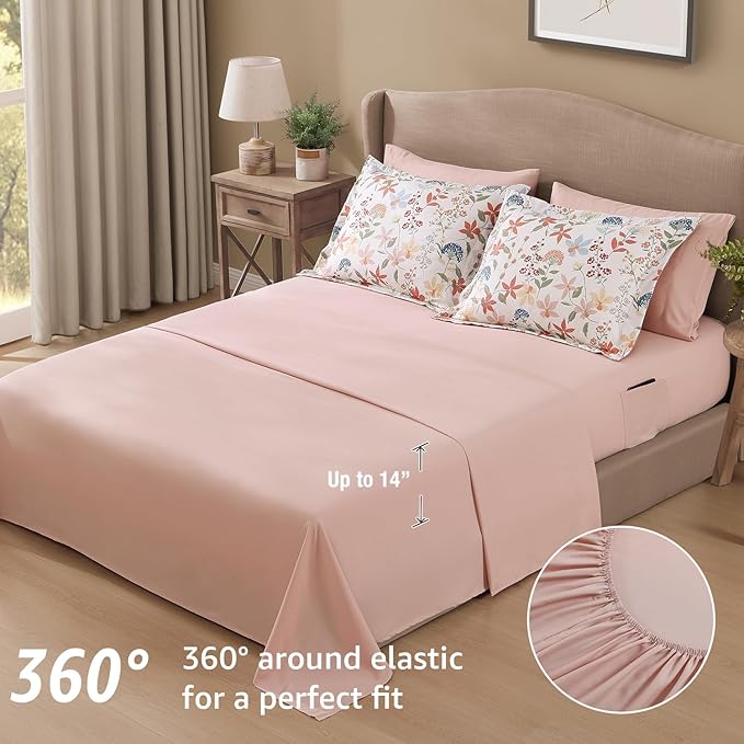 CASAAGUSTO King Comforter Set, 7 PCS Clay Pink Floral Comforter Set with Flowers Leaves Pattern, Soft Seersucker Design All Season King Size Bedding Set(102"X90")