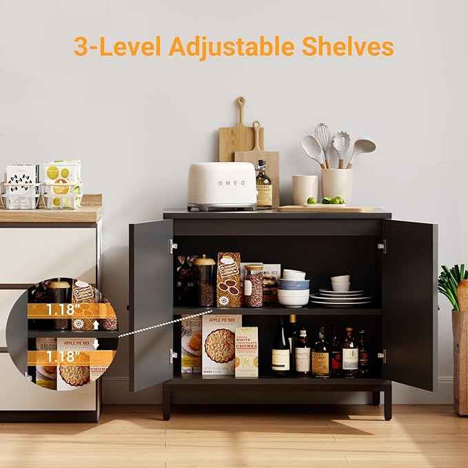 GarveeHome Rattan Sideboard Buffet Cabinet, Kitchen Storage Cabinet with Rattan Doors and Adjustable Shelves, Boho Accent Liquor Coffee Buffet for Living Dining Room Hallway, Black