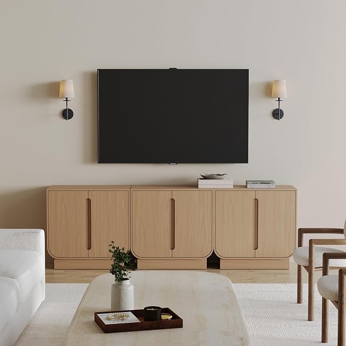 Nathan James Joey Mid Century Modern Storage Cabinet, Arched Accent Cabinet with Rounded Bottom Edges and Integrated Door Pull Cutouts, Raw Oak Set of 3