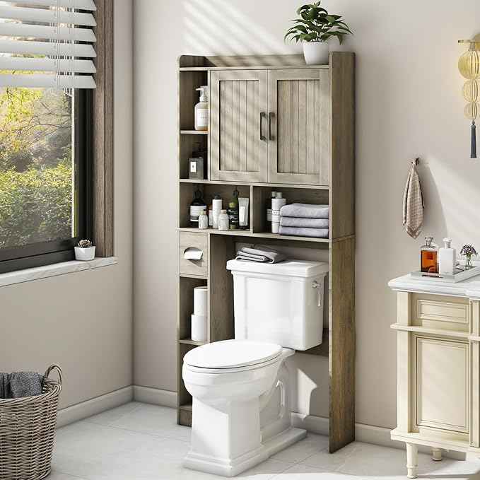 Farmhouse Storage Cabinet Over Toilet with 2 Barn Doors & Toilet Paper Holder Stand, Space-Saving Bathroom Rack